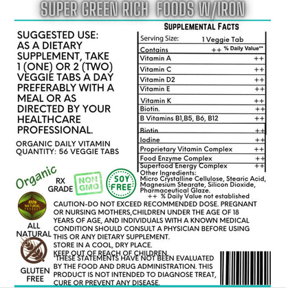Super Green Rich Foods Daily Vitamins w/Iron (Organic and Veggie Tab)